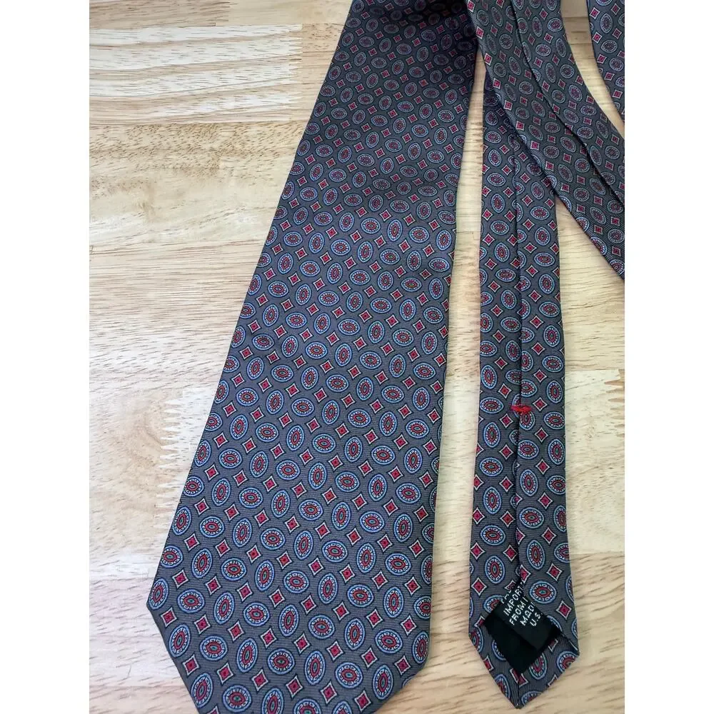 Claybrooke Men's 100% Silk Neck Tie Steel Blue Red Geometric